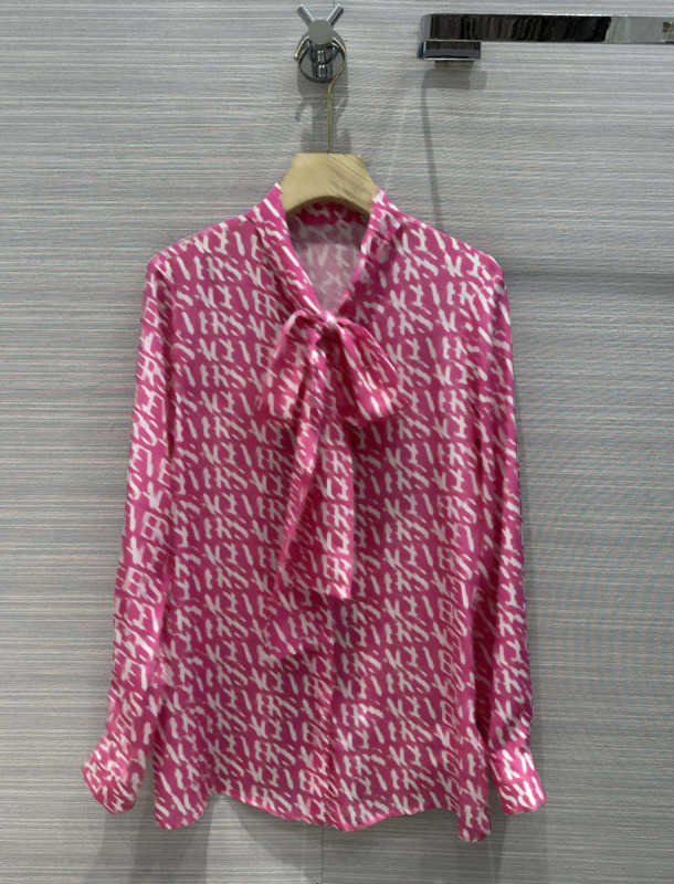 

Womens Blouse Shirts Brand Logo Printed Bow Lacing Stand-up Collar Designer Shirt Medusa Metal Cufflinks Thin Style Long Sleeves Tops Blouses For Women Fashion, 19