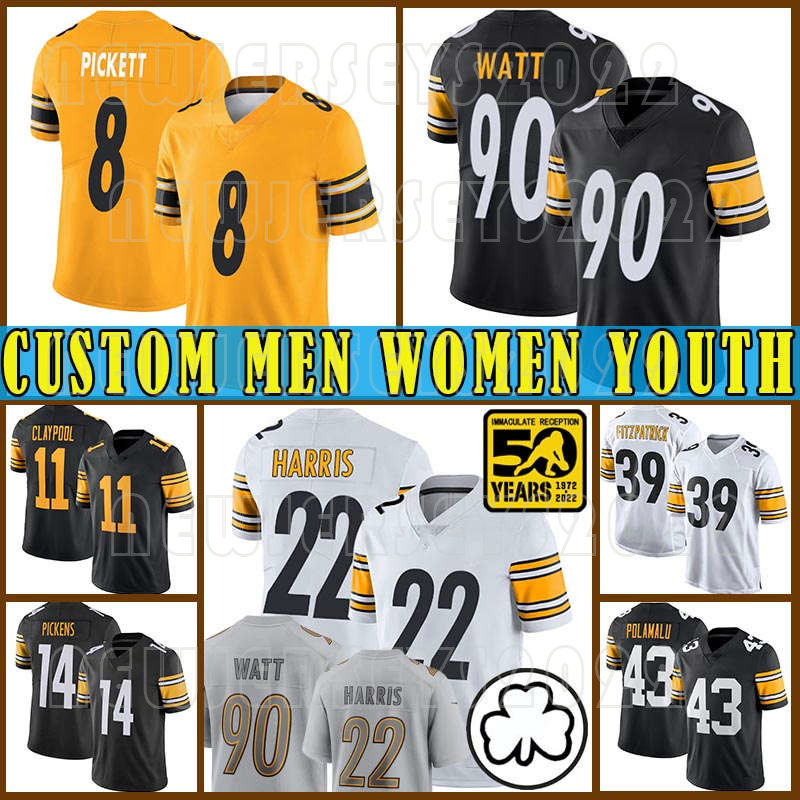 

8 Kenny Pickett Jerseys Football 90 T.J. Watt 22 Najee Harris Chase Claypool Myles Jack Pat Freiermuth Minkah Fitzpatrick Diontae Johnson George Pickens Chris Boswell, Custom youth+patch(g r)