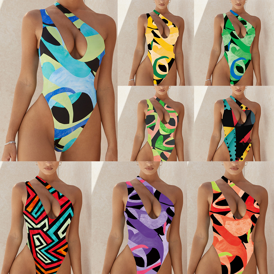 

Women summer designer one piece sexy bikini Hollow Print Single shoulder strap swimsuits swimming swimwear px0729 fashion beach suits swimsuit, Print 02