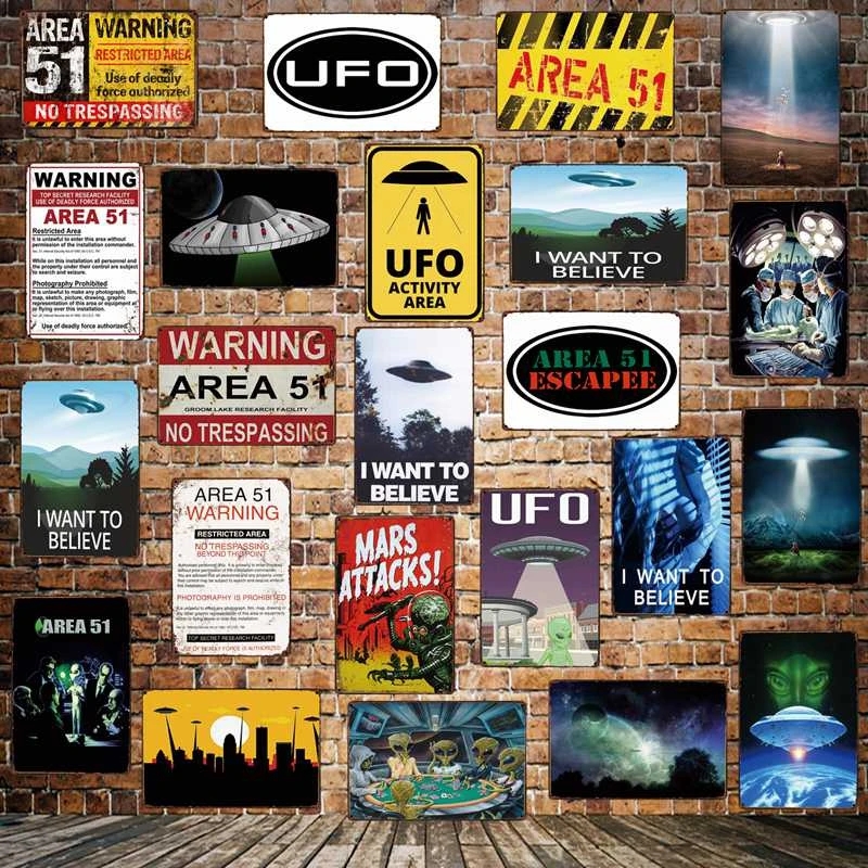 

AREA 51 retro tin signs I WANT TO BELIEVE UFO Aliens Metal Sign Wall Plaque Poster Custom Painting Room Decor Art SIZE 20X30CM W02