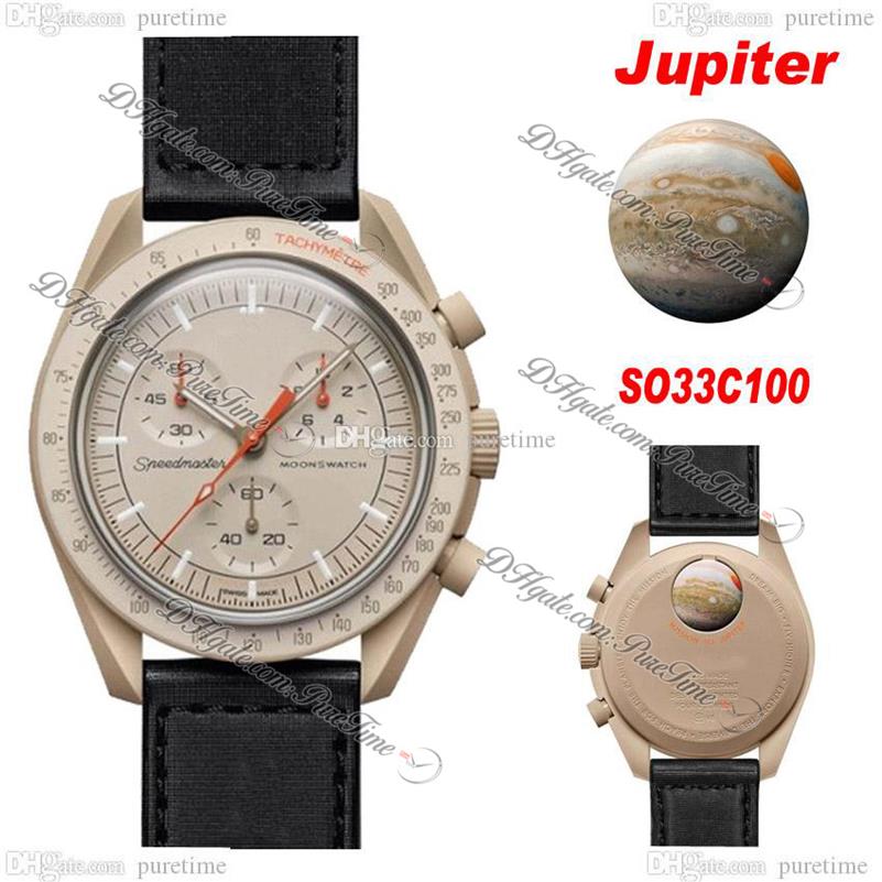 

Bioceramic Moonswatch Swiss Quqrtz Chronograph Mens Watch SO33C100 Mission To Jupiter 42mm Real beige Ceramic Black Nylon Strap Wi256S, So33r100