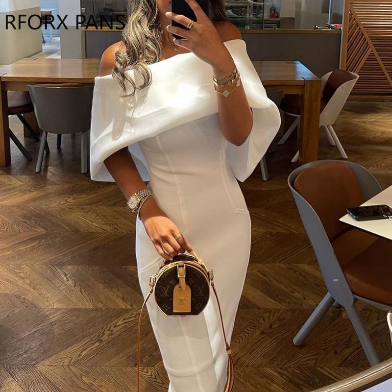 

Casual Dresses Women Solid Elegant Off Shoulder Midi Bodycon Party Formal White Dress 230207