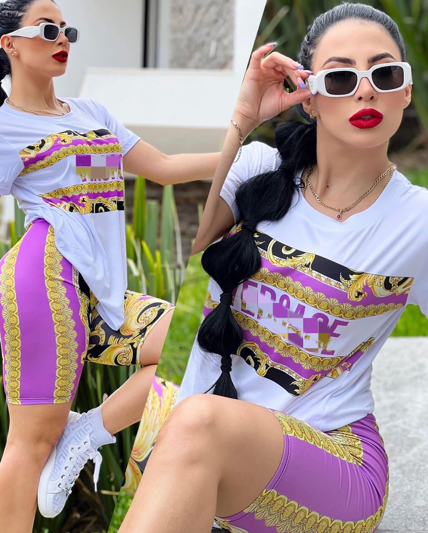 

2023 Spring Two Piece Pants Women Casual T-shirt and Shorts Set Summer Daily Outfits Tracksuit Free Ship, 1# purple