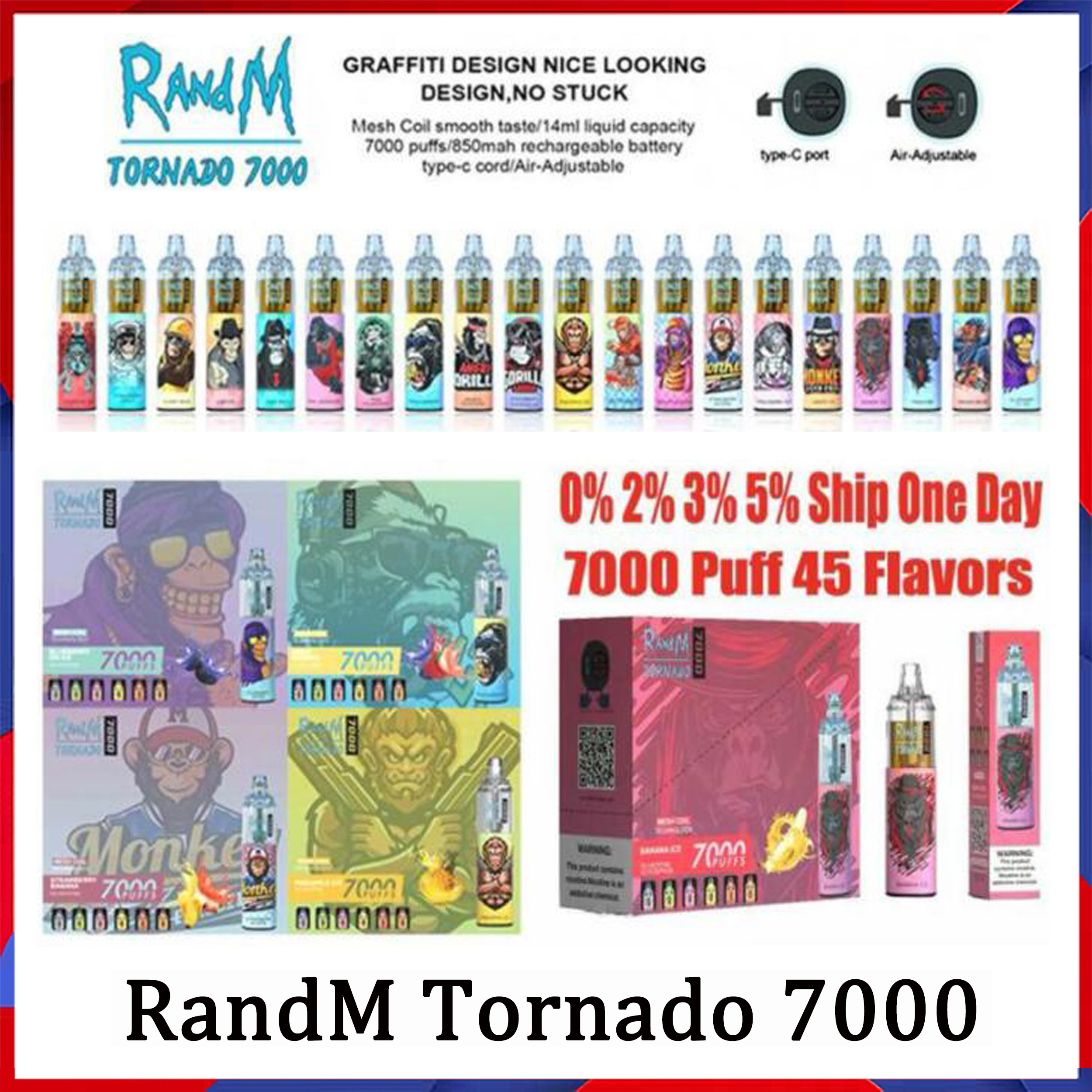

Original RandM Tornado 7000 Puffs Disposable Vape Pen E-Cigarettes 14ml Pod Mesh Coil 6 Glowing Colors Rechargeable Air-adjustable 0/2/3/5% Device 50 Flavors