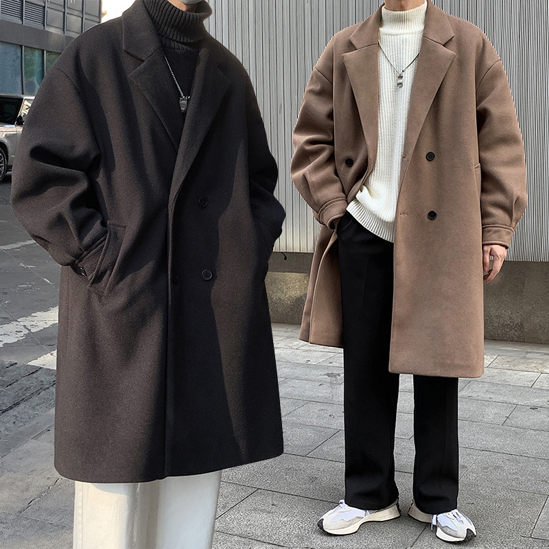 Men's Wool Blends Autumn Winter Men Woolen Dust Coats Japan Style Streetwear Male Loose Solid Color High Quality Men's Thick Warm Trenchco