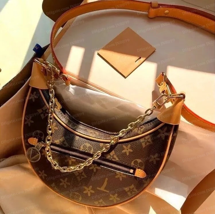 

Loop Hobo Bags Gold Chain Handbag Luxuries Designer Womens Coated Leather Zipper Crossbody Shoulder Strap Bag Crescent Bottom Handbags Purses Moon Bags JN8899, Brown flower