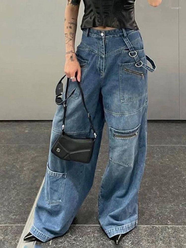 

Women' Jeans HOUZHOU Vintage Baggy Streetwear Y2k Wide Leg Cargo Pants Aesthetic Pockets Female Trousers Loose Grunge Korean Fashion, Blue