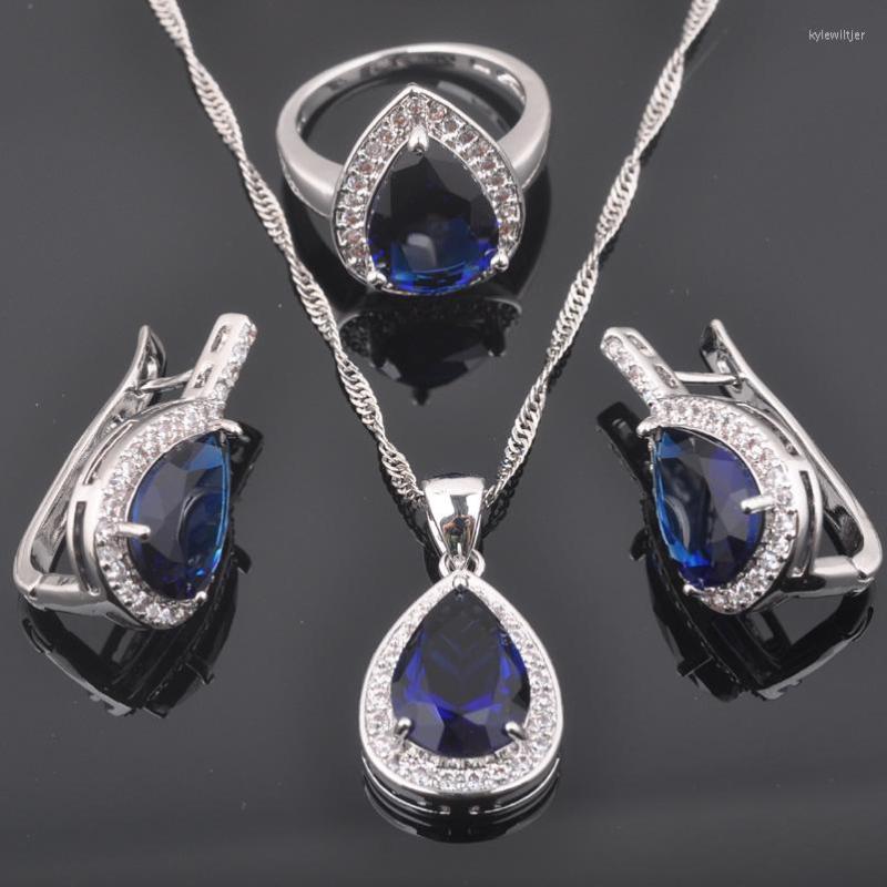 

Necklace Earrings Set Blue Zirconia Water Drop Women's Silver Color Pendant Rings QZ0355, Picture shown