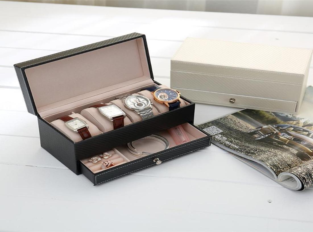 

4 Grids PU Leather Jewelry Watch Casket with Drawer Organizer Box Holder5967220