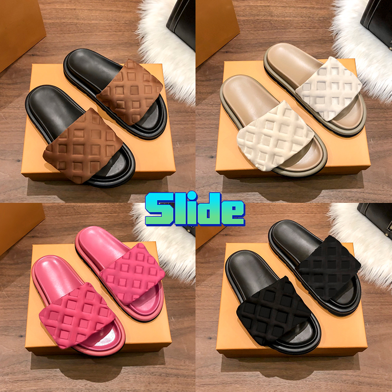 

Fashion designer slippers Pool Pillow flat Comfort Embossed Mules beach sandal copper ivory pink beige triple black navy white printed men women summer slides, 01 copper