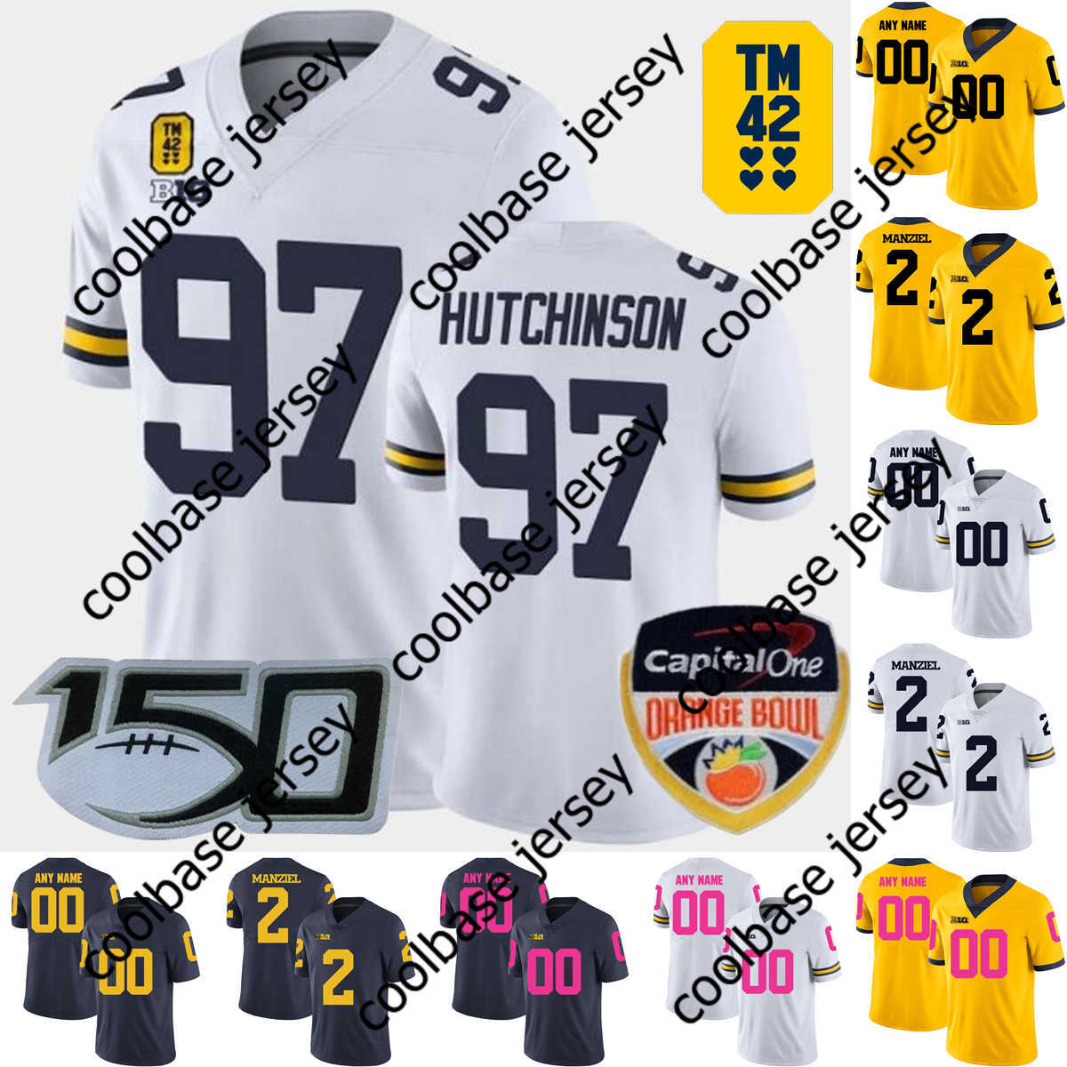 

Custom S-6XL NCAA Michigan Wolverines College Football Jersey 18 Eyabi Okie 2 Will Johnson 9 J.J. McCarthy 8 Derrick Moore 3 Keon Sabb 75, Add orange bowl patch