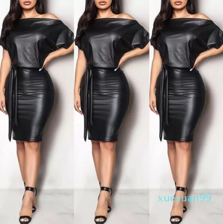 

Casual Dresses Black Asymmetrical Sexy Faux Leather Bodycon Dress Women Summer Long Sleeve Knee Length Pencil