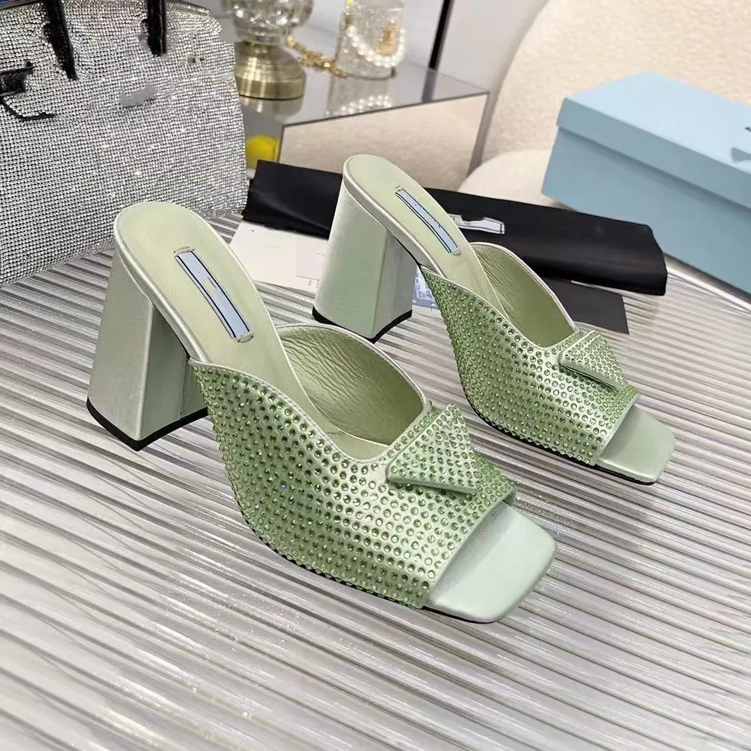 

Slippers Mules Shoes Womens Slides High Heels Shoes Factory Footwear Rhinestone real silk Chunky Block Slip-On Open Toe Luxury Designerswith box