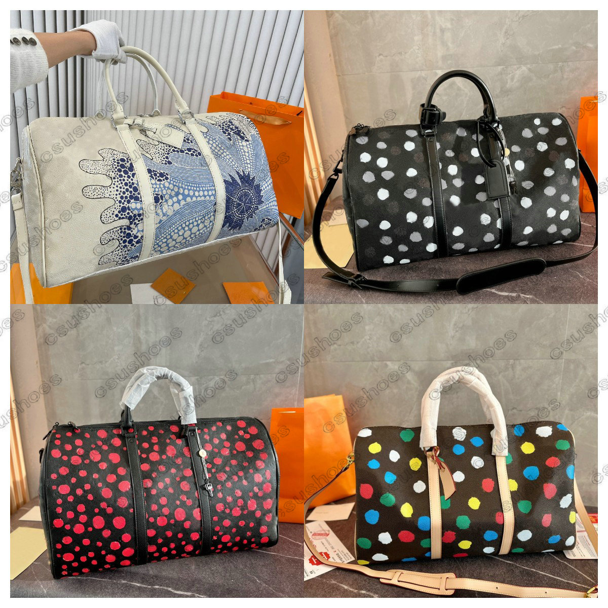 

Keep 45 Travel Bag Luggage X Yayoi Kusama Mens Designer Bag PSYCHEDELIC FLOWERS Embossed PAINTED DOTS Large Capacity Shoulder Bags Cross Body M21674 M46401 M21678, Black embossed