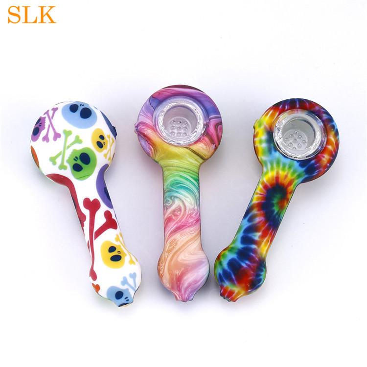 Silicone Pipe mini smoke water pipes glass bongs with patterns glass bowl silicone smoking pipes for smoking tobacco 4.23" bongs-image-840093164