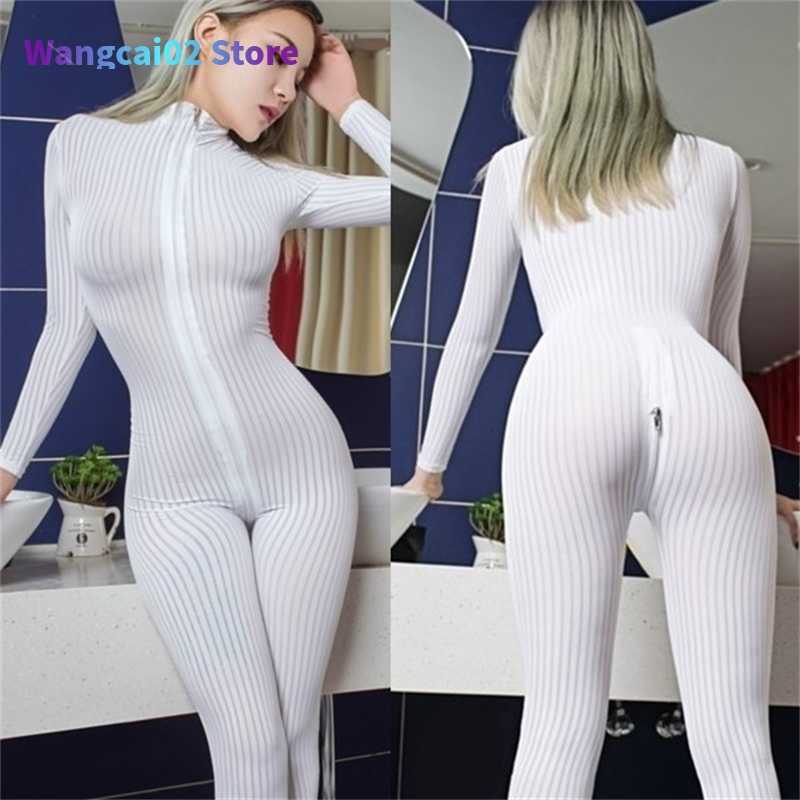 

Women's Jumpsuits Rompers Dame Black Striped Sheer Bodysuit Smooth Fiber 2 Zipper Long Sleeve Jumpsuit 020723H, White
