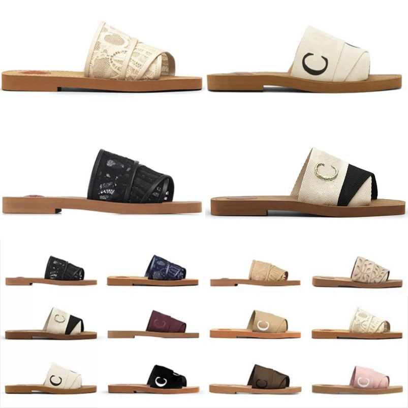 

2023 Woody Mules Women Designer Slippers Slides Sandals Flat Canvas Rubber White Black Pink Sail Bordeaux Lace Lettering Fabric Womens Summer Slipper Slide Shoe, Color#1