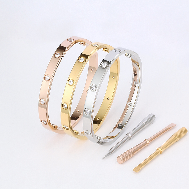 

Luxury Screwdriver Love Cuff Bracelet Fashion Unisex Couple Bangle 316L Stainless Steel 10 Diamonds18K Real Gold Plated Jewelry
