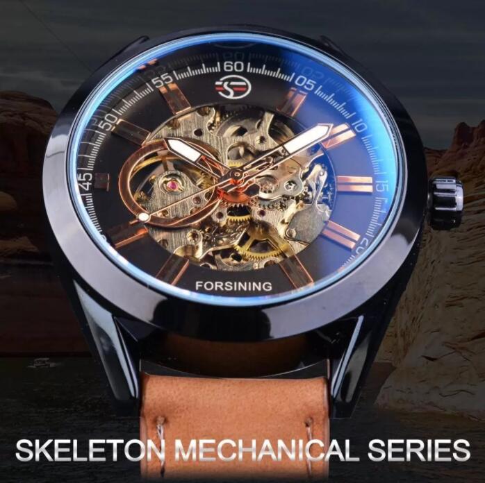 

Forsining Blue Light Glass Mens Casual Sport Genuine Leather Military Automatic Men's Wrist Watch Skeleton Luminous Clock