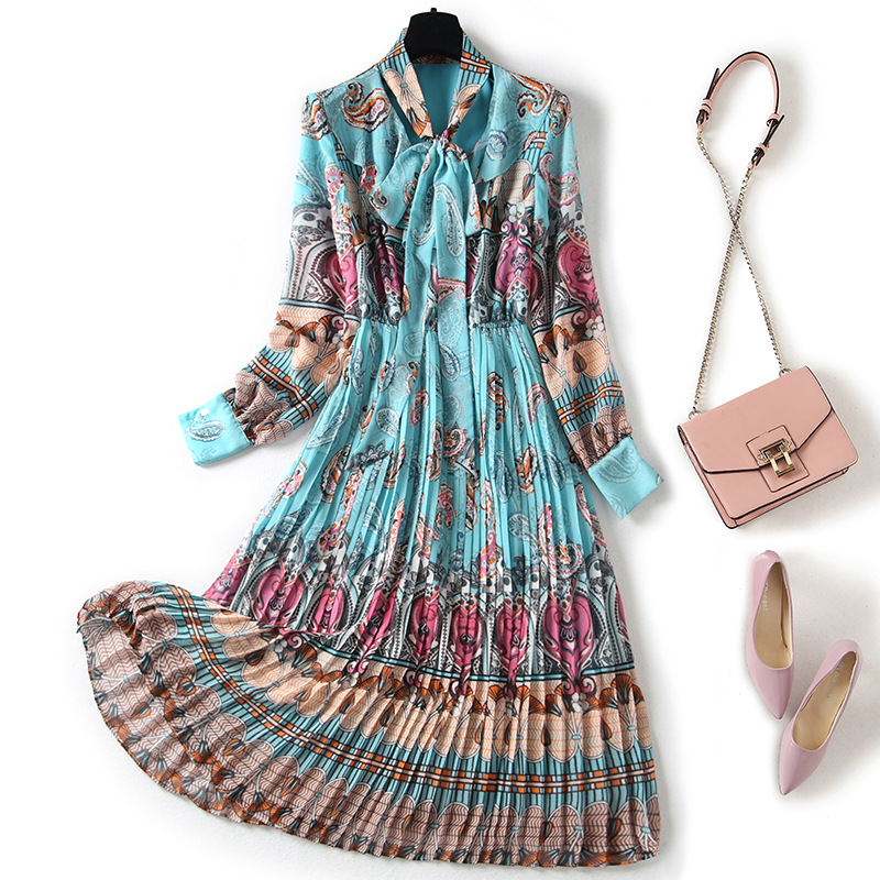 2023 Spring Blue Paisley Print Ribbon Tie Bow Dress Long Sleeve Round Neck Pleated Midi Casual Dresses M3F083009