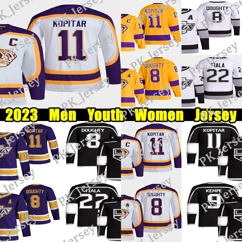 

#11 Anze Kopitar Reverse Retro hockey jersey 8 Drew Doughty 22 Kevin Fiala 9 Adrian Kempe Alex Iafallo Quinton Byfield Wayne Gretzky Joonas Korpisalo jerseys, Yellow women