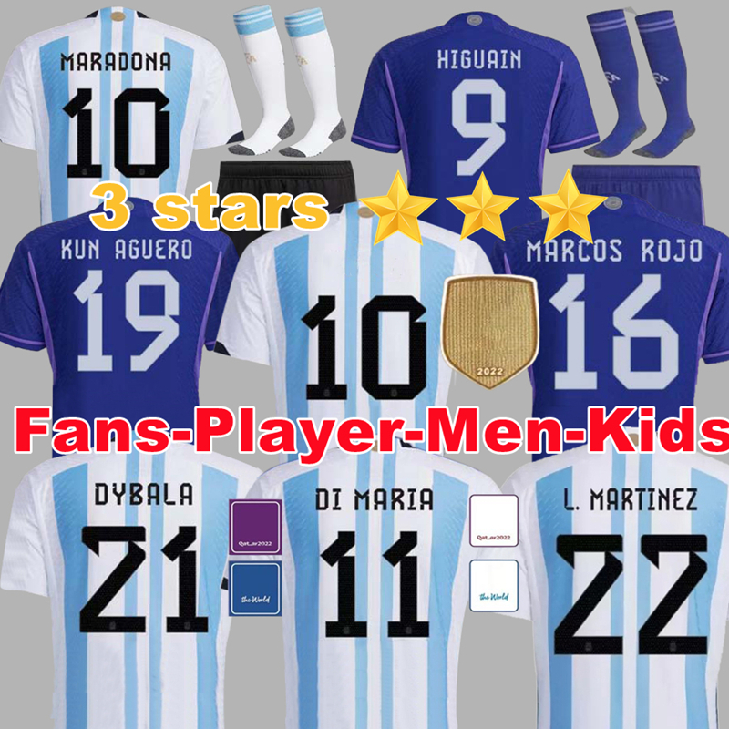 

2022 Argentina soccer Jerseys 3 stars Fans Player Version 22 23 DI MARIA DYBALA LO CELSO MARADONA DE PAUL football shirt Men Women Kids kit uniforms, 2022 home+shield+world cup