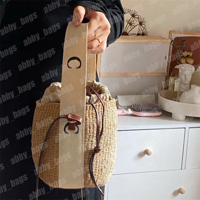 

Designer Woody Bucket Bags Women Drawstring Straw Shoulder Bag Crossbody C Tote Cross Body Basket Purse Summer Beach Handbag, C1