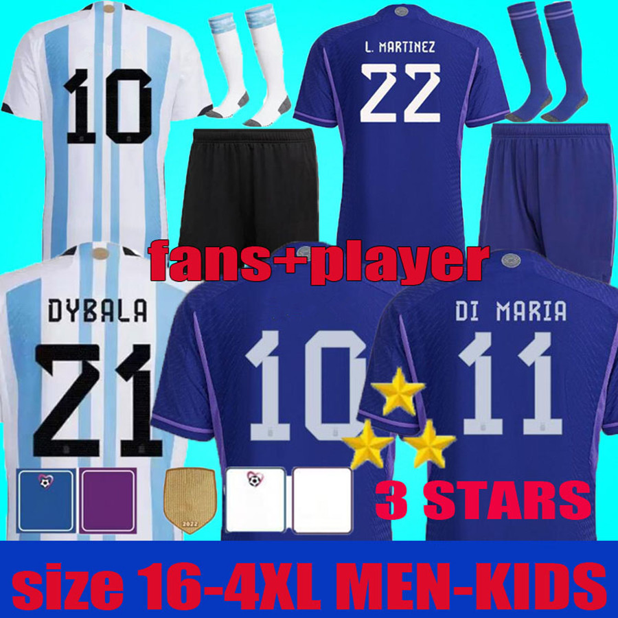 

3 STARS Argentina soccer Jersey 2022 2023 fans player version DYBALA AGUERO MARADONA DI MARIA 22 23 DE PAUL football shirt Men Kids kit set socks uniform size S-4XL, 22-23 away full set kids