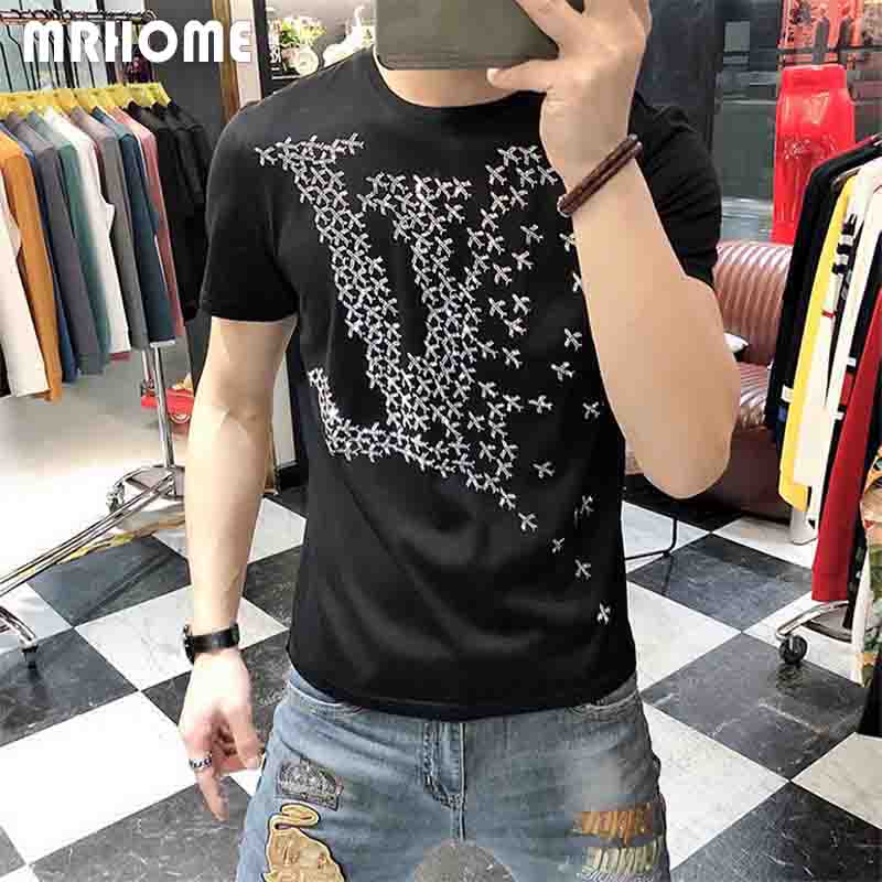 Men Cotton T-shirt Plane Hot Rhinestone 2023 Fashion Designer Brand Male Tees Handsome Luxury Homme Tops Short Sleeve Man Clothing S-5XL