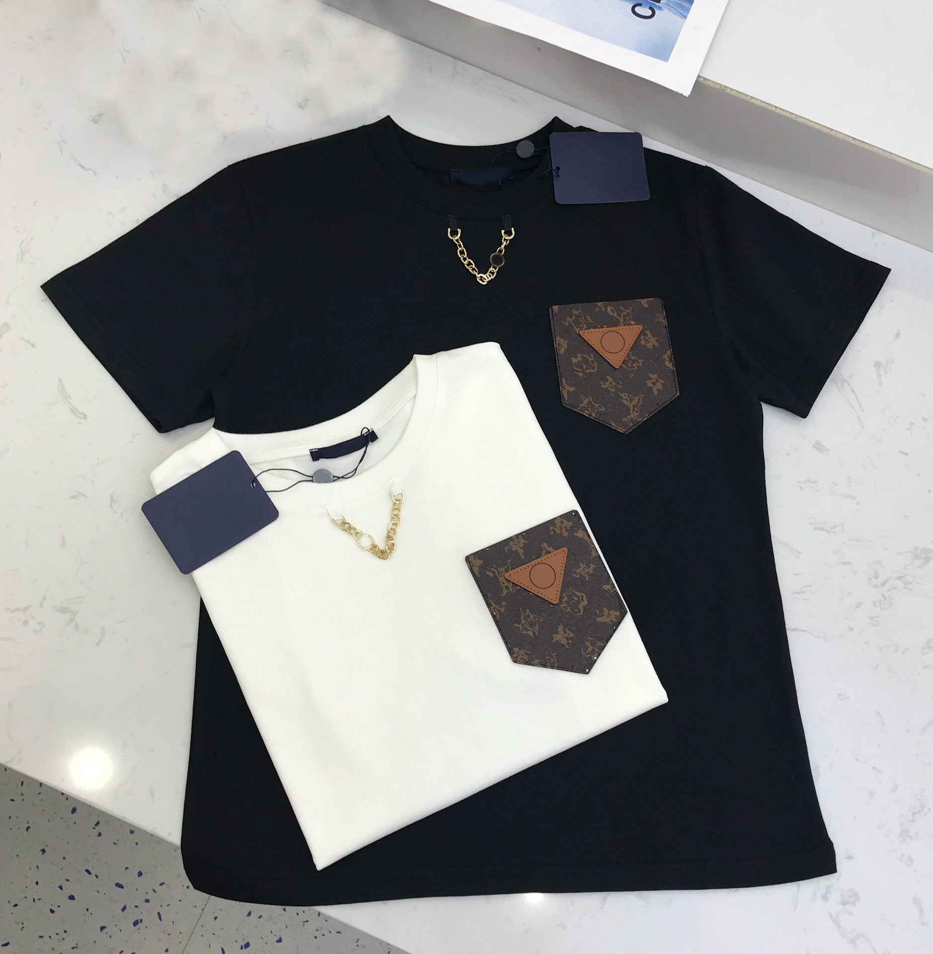 

Fashion Women's T-Shirt 2023 New Leather Patchwork Short Sleeve Tees O-neck Cotton Casual T-shirt Tops Women Spring Summer Clothes, Black