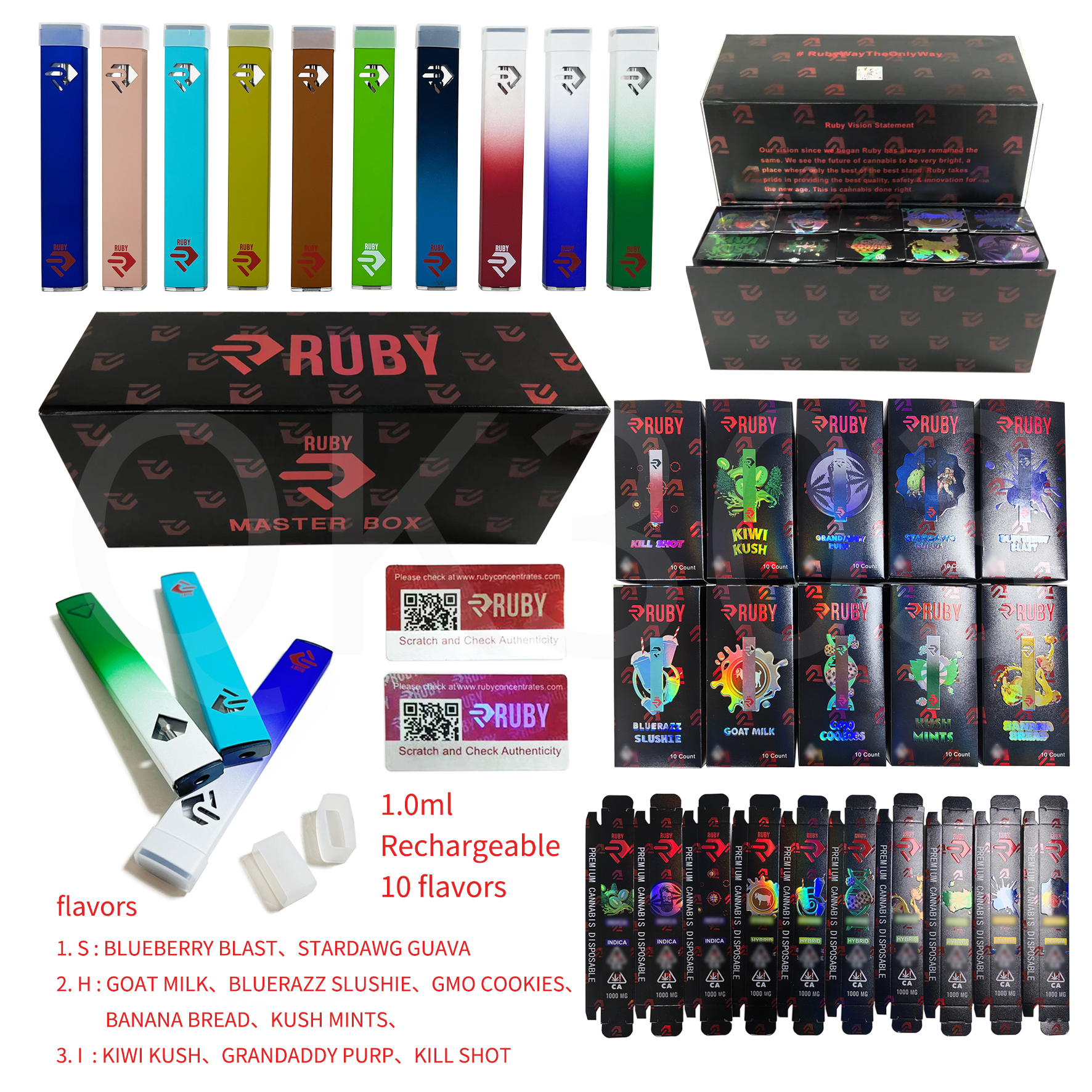 

RUBY 2023 New Edition Disposable E-cigarettes Vape Pen Rechargeable 10 strains 1ML Empty Carts With Packaging STOCK IN USA
