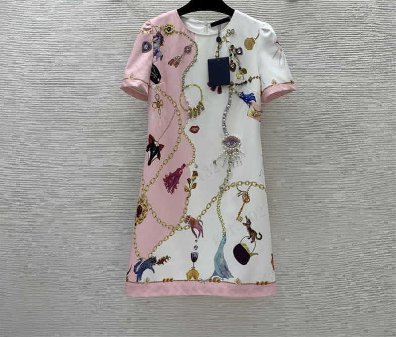 

Color Matching Dress Pearl Embellished Chain Print Luxury Designer Dress Crewneck Short Sleeve Design Zipper Casual Maxiskit Womens Dress Pink 1970