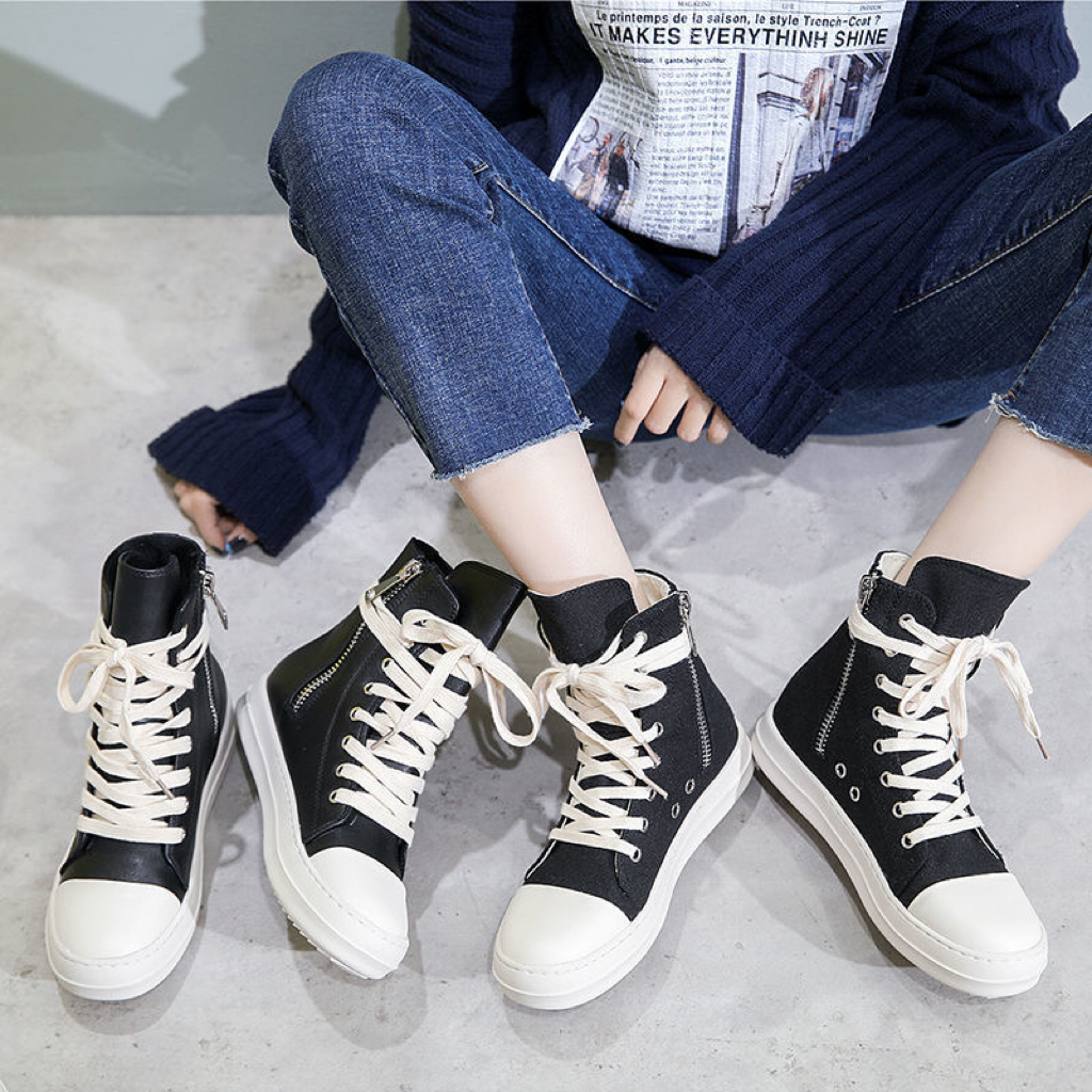 

RO Top Black Canvas Leather Boots Genuine Leather Women Street Style Punk Fashion Girl Ankle Boot, Black leather