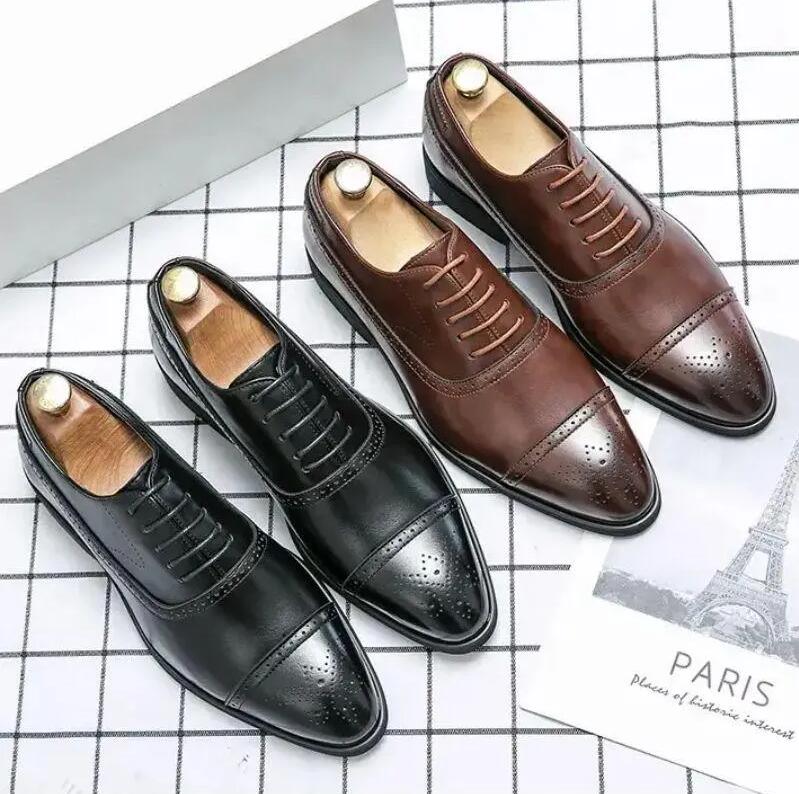 

Oxford Shoes Men PU Solid Color Fashion Business Casual Party Banquet Daily Retro Carved Lace-up Brogue Dress Shoes, Black