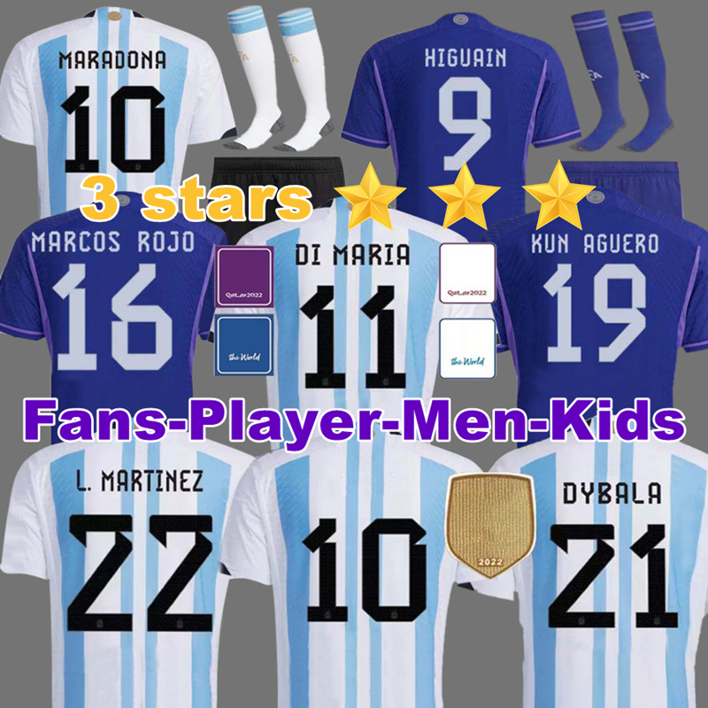 

2022 2023 Argentina soccer Jerseys 3 stars Fans Player Version 22 23 DI MARIA DYBALA LO CELSO MARADONA DE PAUL football shirt Men Women Kids kit uniforms, 2022 away player+shield+world cup