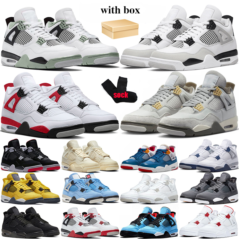 

With Box 4 Basketball Shoes Pine Green Men Women 4s Black Cat Messy Room Red Cement Photon Dust Military Black Thunder Midnight Navy Mens Sports Sneakers Trainers, (45)
