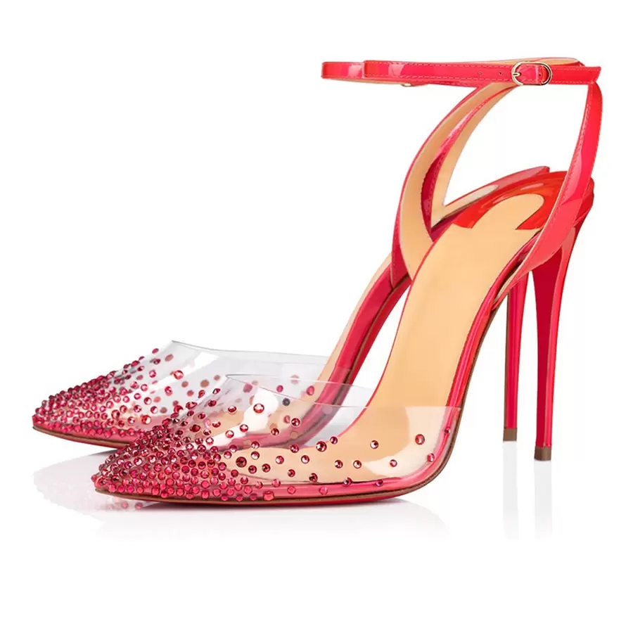 Luxury Women's Red Bottom Sandals Pumps Spikaqueen 100 mm Fashion Summer Women Rhinestone Sexy Wedding Party Closed Pointed Toe Straps High Hee