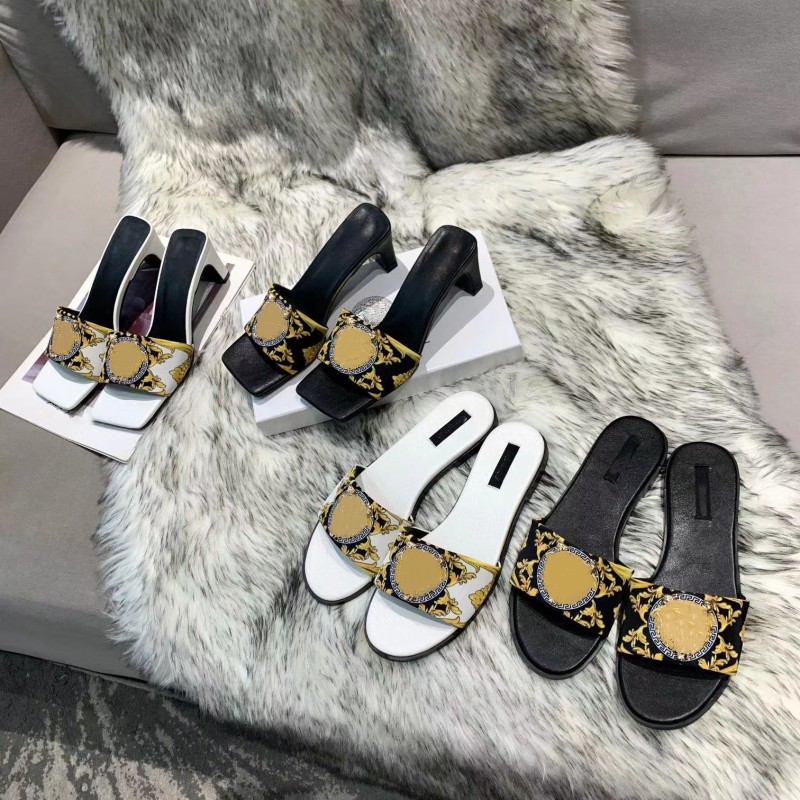 

Chunky Heel Slipper Gold Flower Women Beach Shoe Metal Letter Open Toe Designer Shoes Flat&High Heel Genuine Leather Summer Outdoor Hotel Indoor Luxury Brand EUR36-42