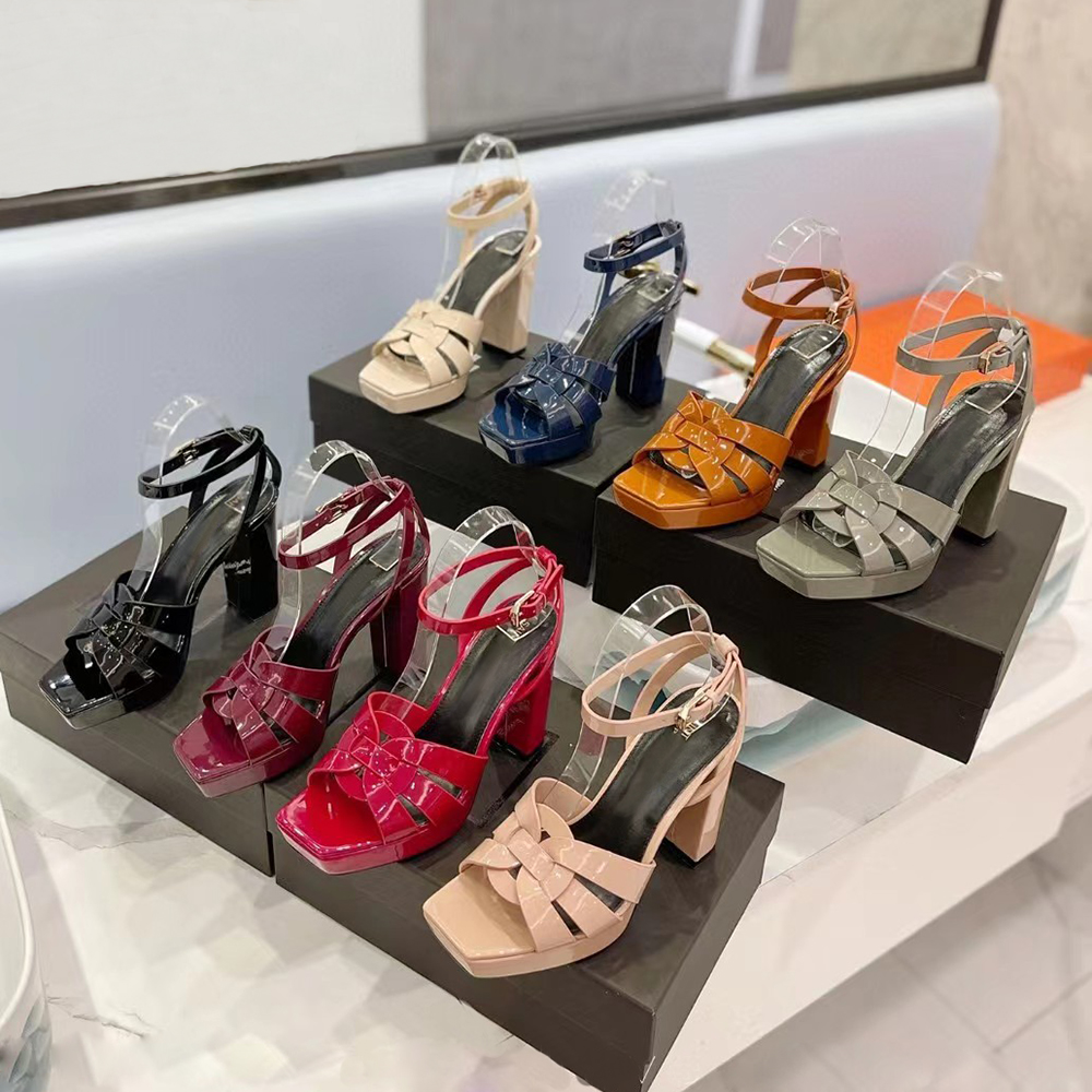 

High Heels Shoes Women 10cm Chunky Hee Shiny Metal Leather platform Sandal Evening shoes women Buckle strap Luxury Designer party Red Wedding Shoes With Box