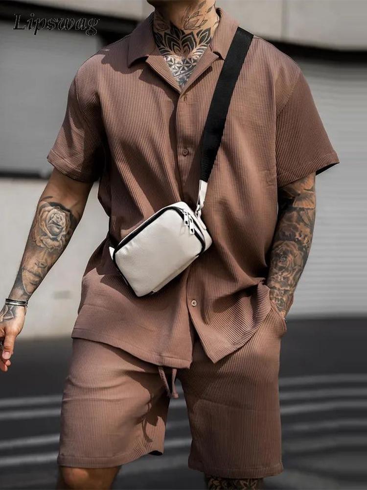 

Men's Tracksuits Casual Ribbed Solid Color Two Piece Set Man Summer Short Sleeve Lapel Shirts And Shorts Suits Fashion Mens Clothing Outfits 230208, 02 coffee