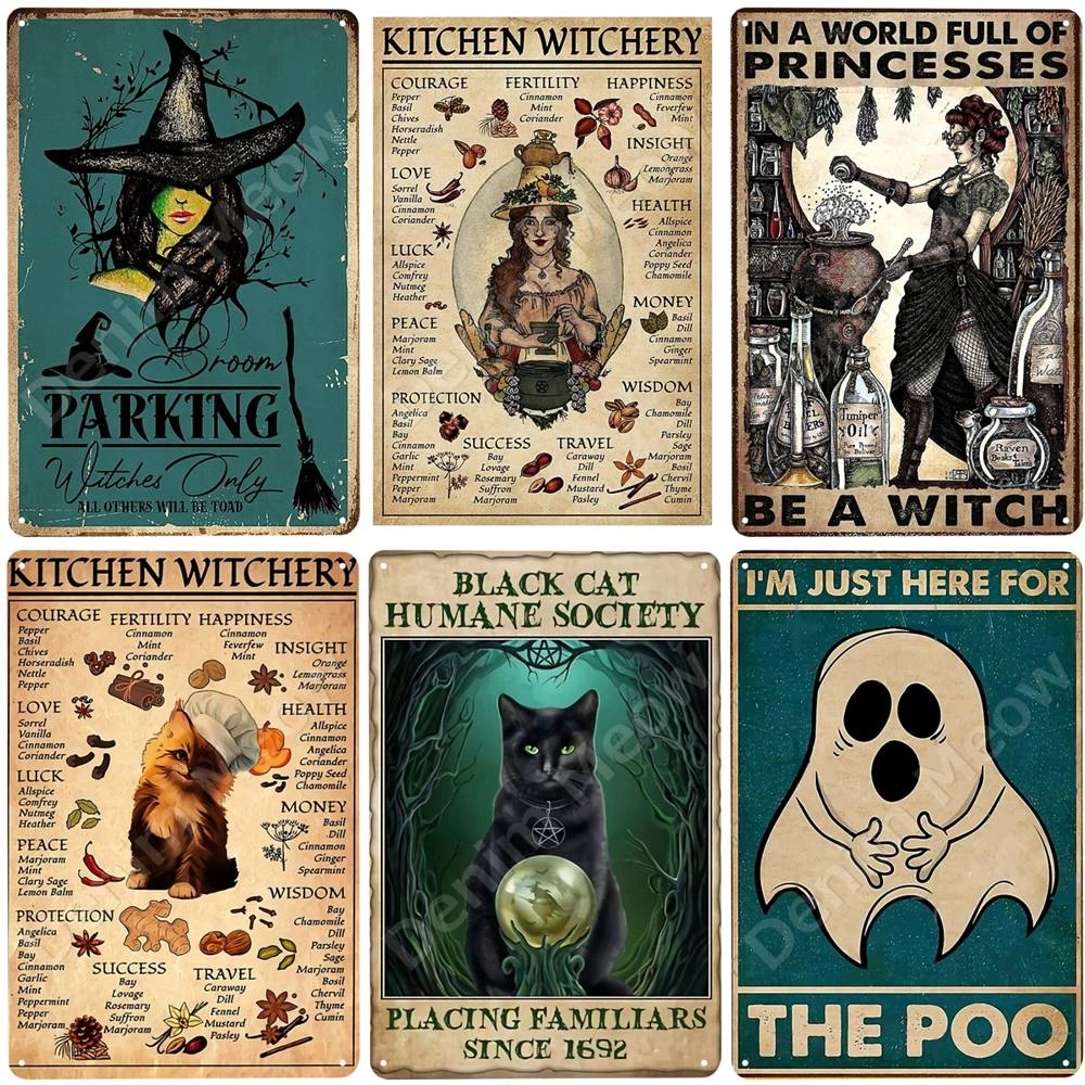 

Witch Metal Painting Ghost Decorative Plaque Black Cat Tin Sign magic Witch Billboard Farm Poster Beautiful witchs Modern Home Wall Art Decor Size 30X20 w01