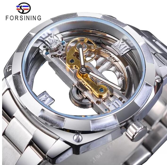 

Forsining Men Transparent Design Mechanical Watch Automatic Silver Square Golden Gear Skeleton Stainless Steel Belts Clock Saati