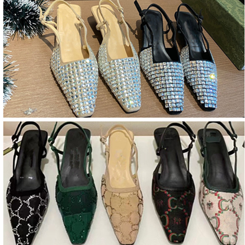 

Women Slingback Diagonal sandals Designer Mid Heels Sandal Slippers Black mesh G crystals sparkling pumps shoes Rubber Leather summer Ankle Strap dress shoes, Fill postage