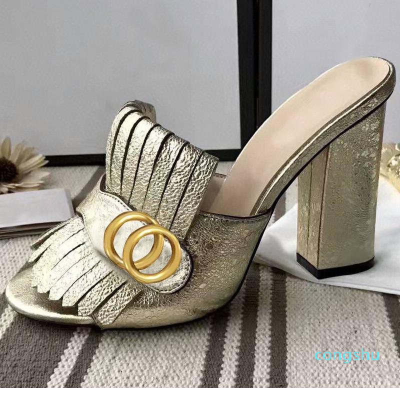 

Classic designer women Half slippers cowhide 100% leather Suede Thick heels Metal Slides woman shoe beach Lazy Sandals High heeled shoes, Red suede[heel10cm]