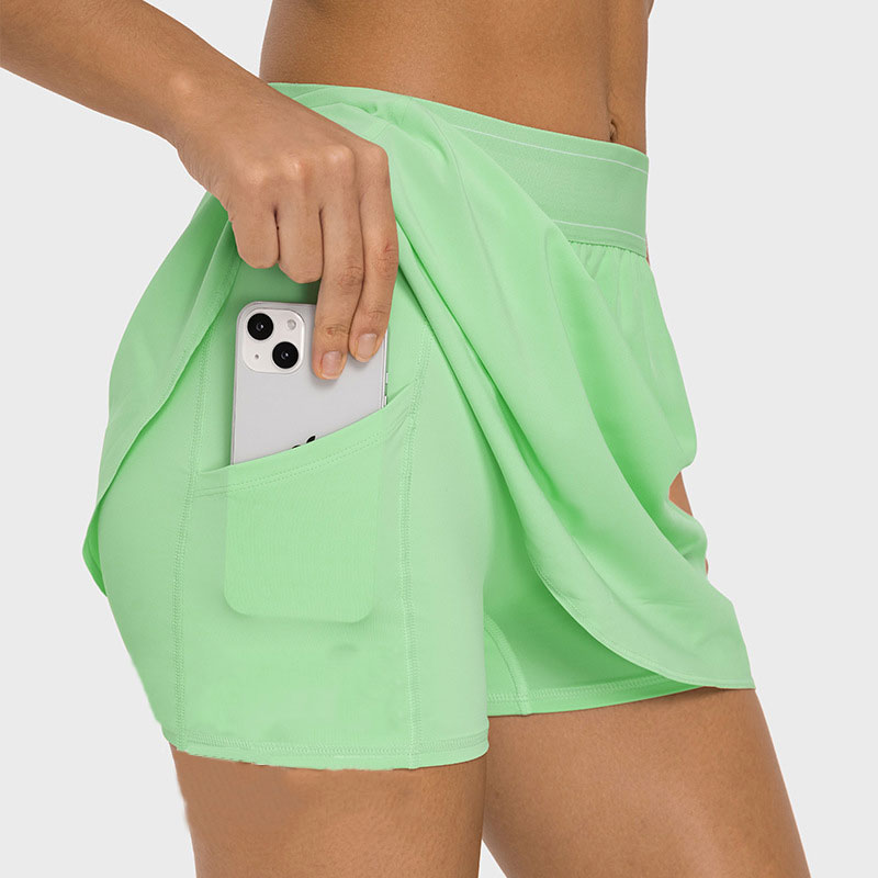 

L-229 Water-Cooled Fabric Cool Mid-Rise Shorts Yoga Sweatpants 2 in 1 Tennis Shorts Built-in Liner Side Pocket Sports Short Skirts for Women, Orange