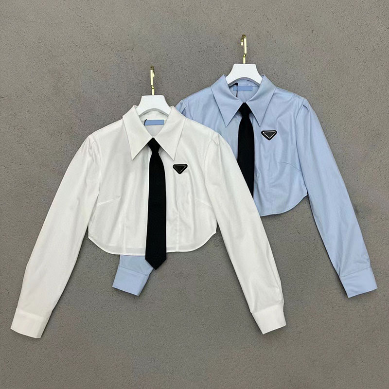 

23SS White Women Shirts Crop Top Embroidery Blouses Shoulder Black T-shirt Casual Top Shirts