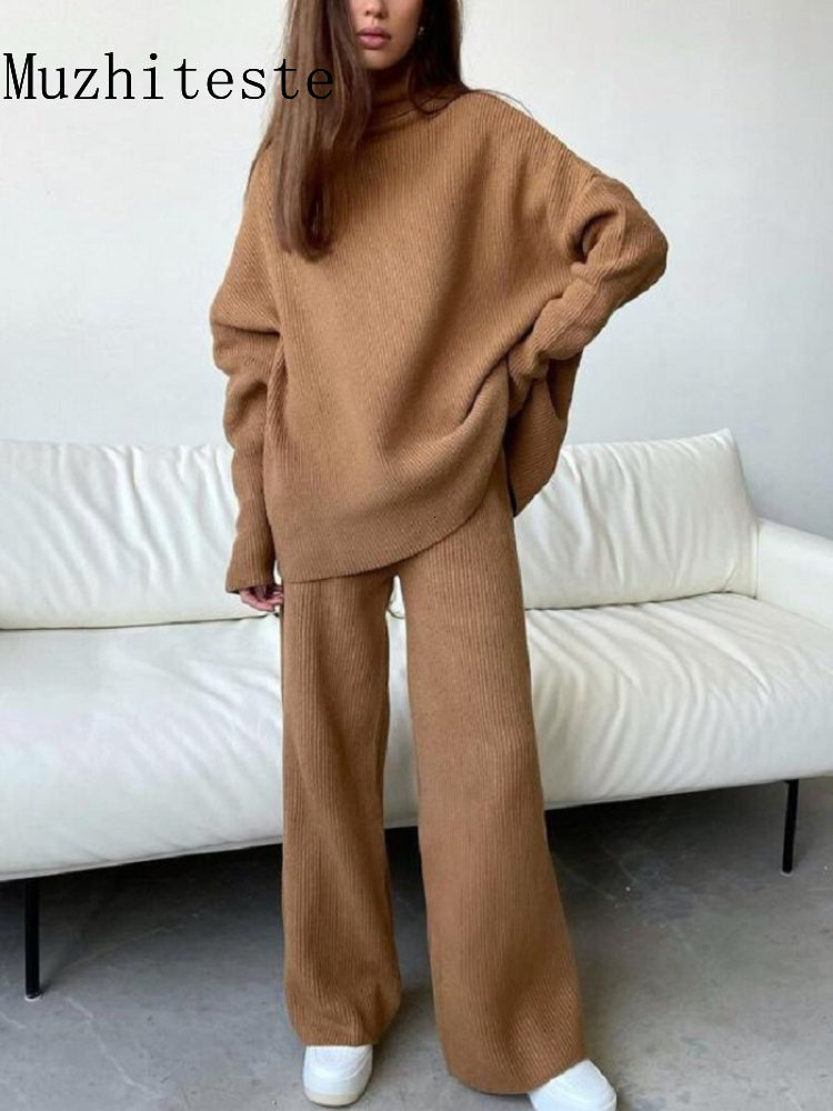 Women's Two Piece Pants In Autumn Winter Long Sleeved Wide Leg Fashion Loose High Collar Knitted Casual Twopiece Set Suit 230208