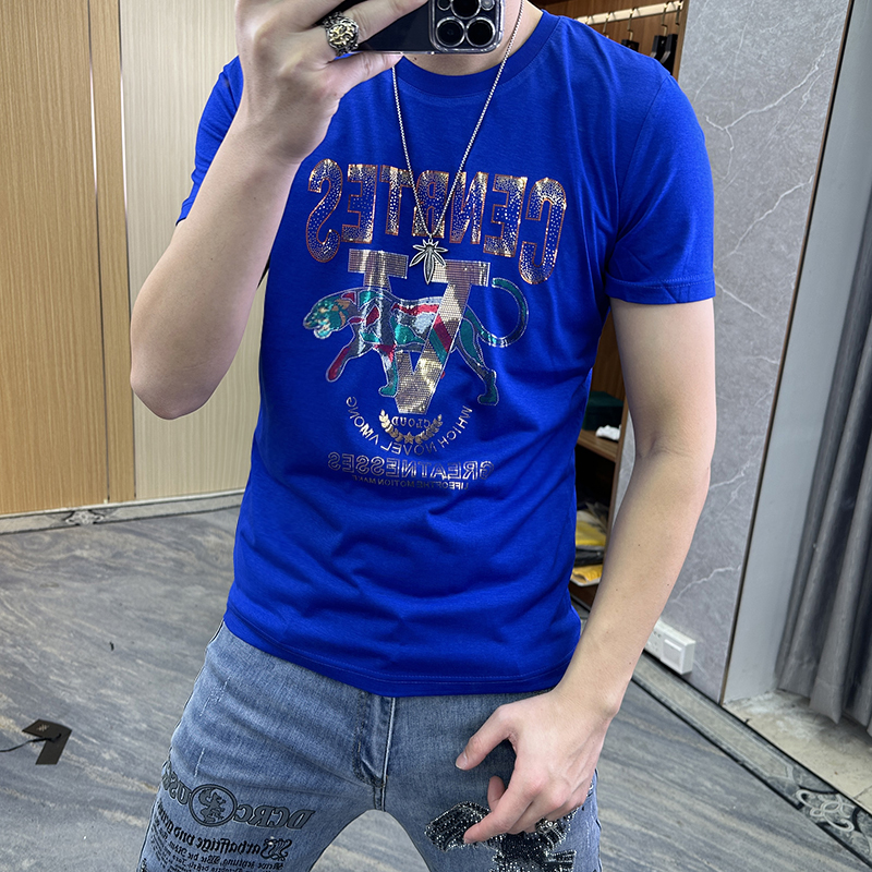 Men's T-Shirts Fashion Sequin Design Colorful Male Tees 2023 New Summer Man Clothing Mercerized Cotton Letter Leopard Print Tops Black White La