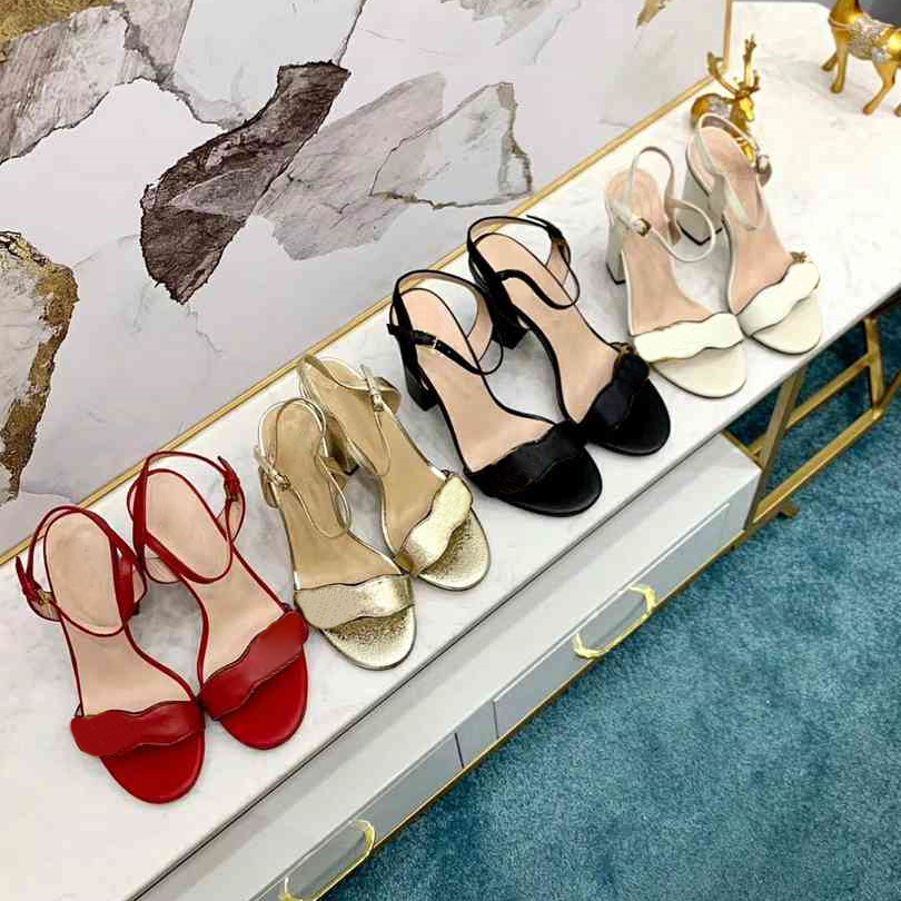 

leather High heeled sandals designer Formal shoes fashion women Dance shoe sexy heels wedding Lady Metal Belt buckle Thick Heel Woman shoes Large size 35-42