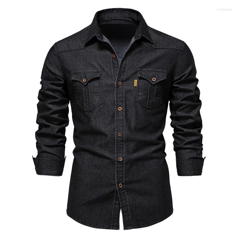 

Men' Casual Shirts 2023 Spring Fashion Cotton Long Sleeve Denim Men' Elastic Solid Color Pocket High Quality Cowboy Shirt Streetwear, Black